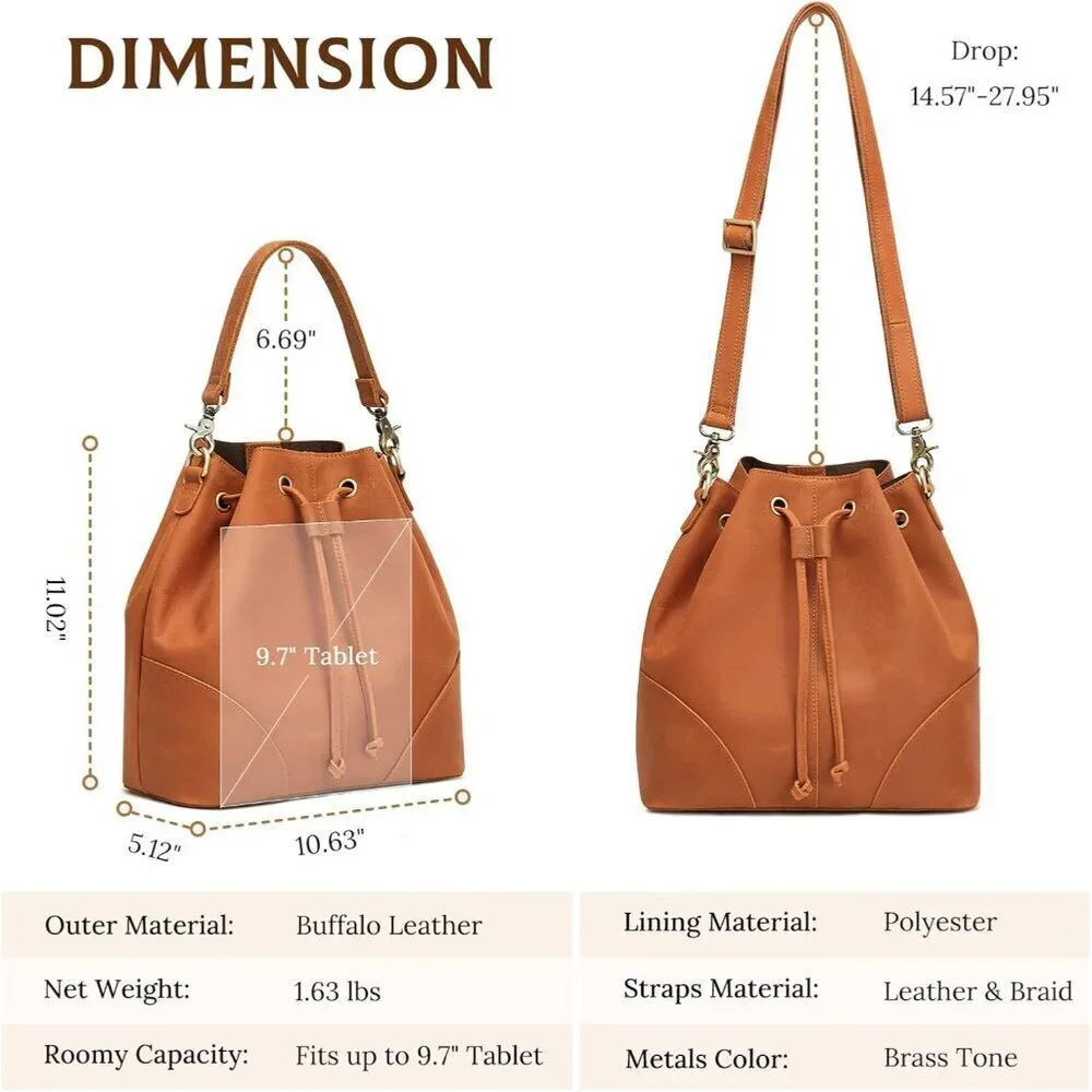 Leather Bucket Bag Women Drawstring Crossbody Shoulder Handbag Vintage Stylish